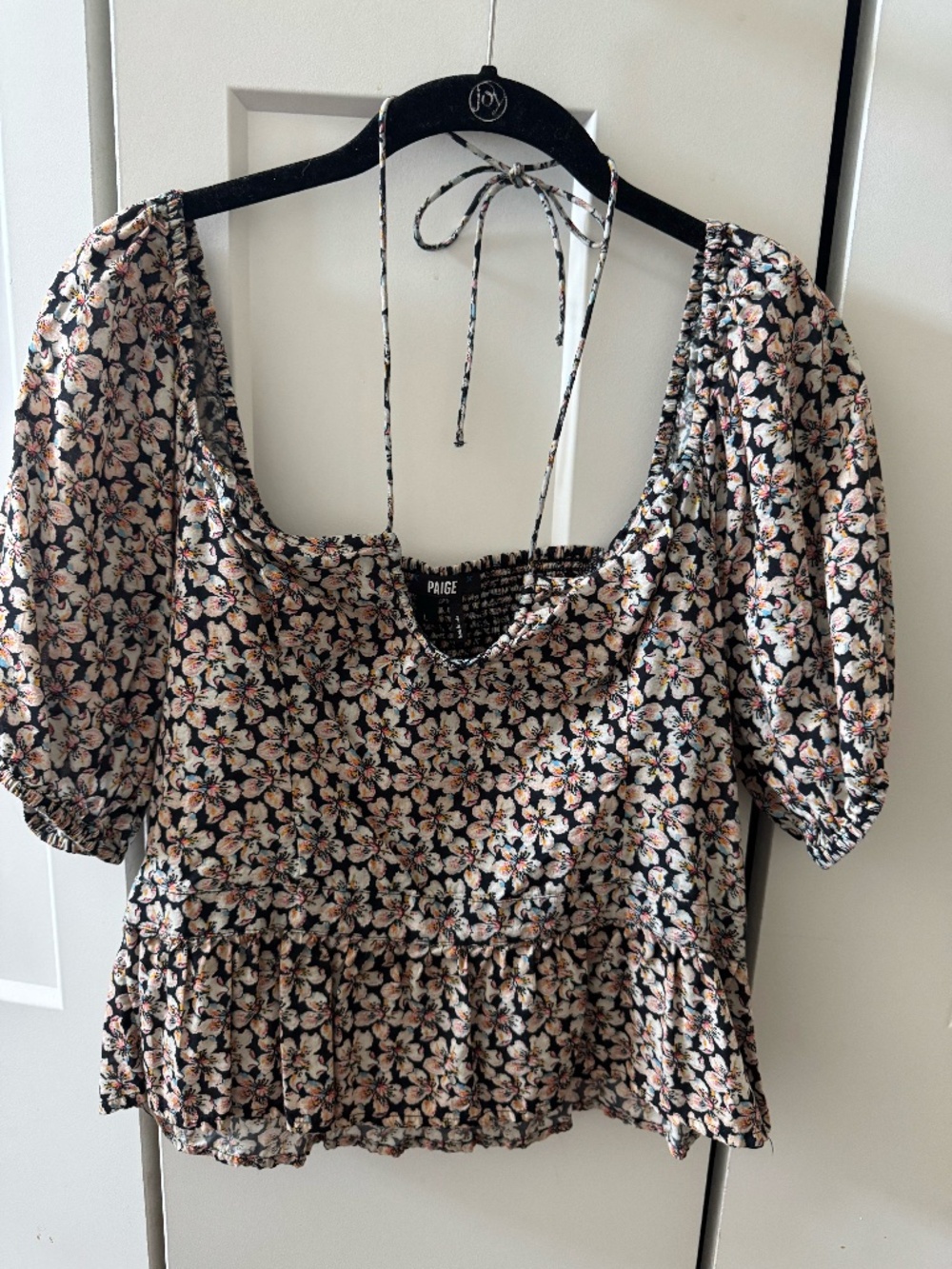 PAIGE Floral Puff Sleeve Peplum Top Black Multi Size Large